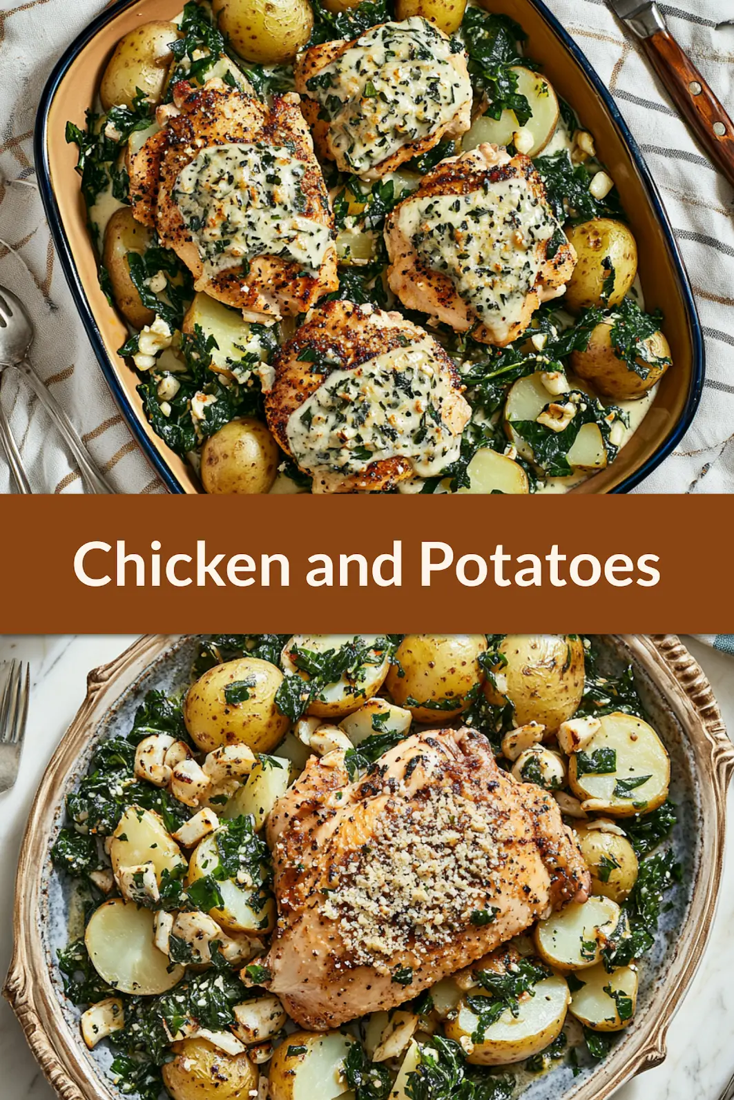 CHICKEN AND POTATOES WITH GARLIC PARMESAN centered hero view, clean and uncluttered_pin