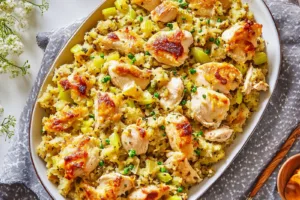 CHICKEN AND STUFFING CASSEROLE RECIPE centered hero view, clean and uncluttered