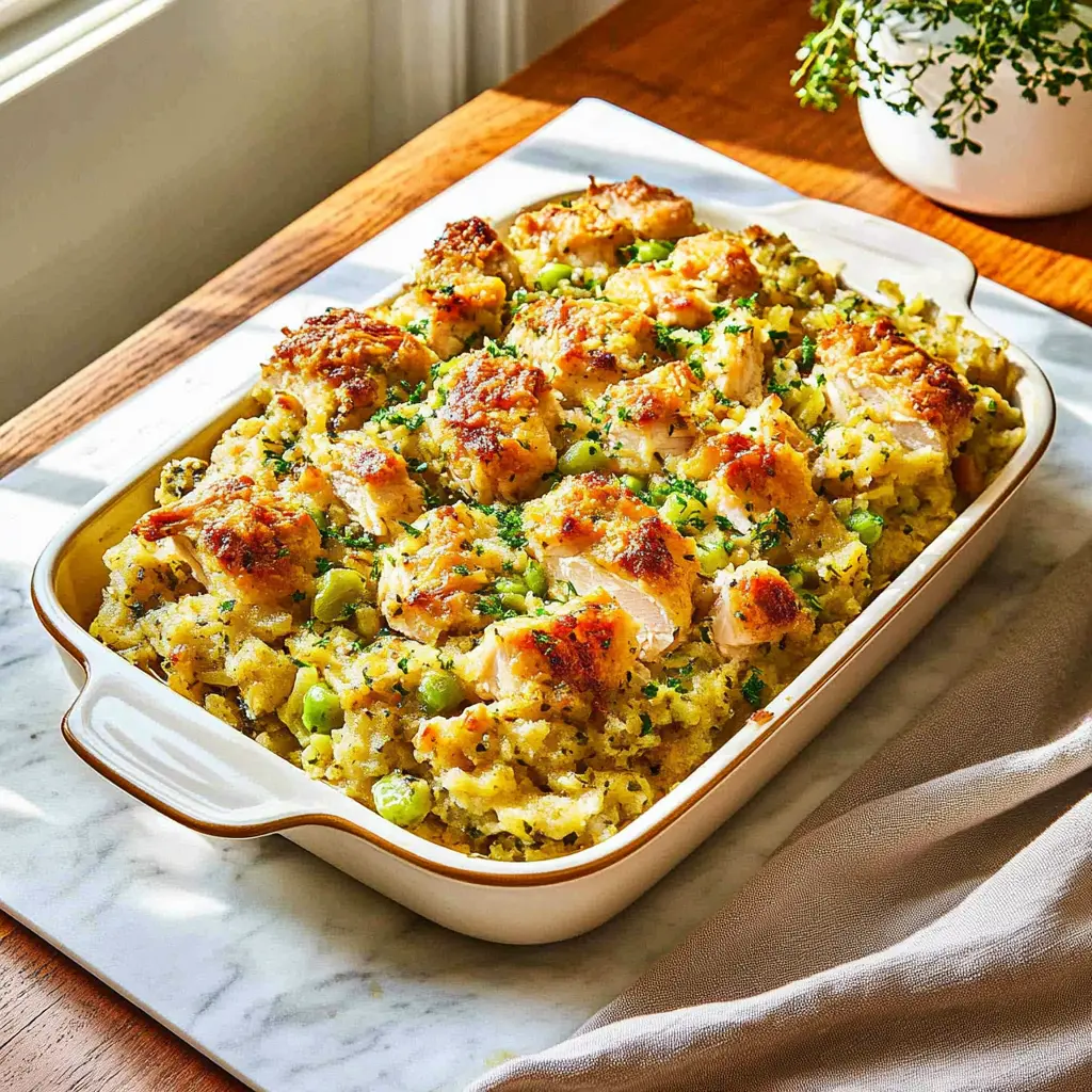 Chicken and stuffing casserole with golden crispy skin and savory stuffing