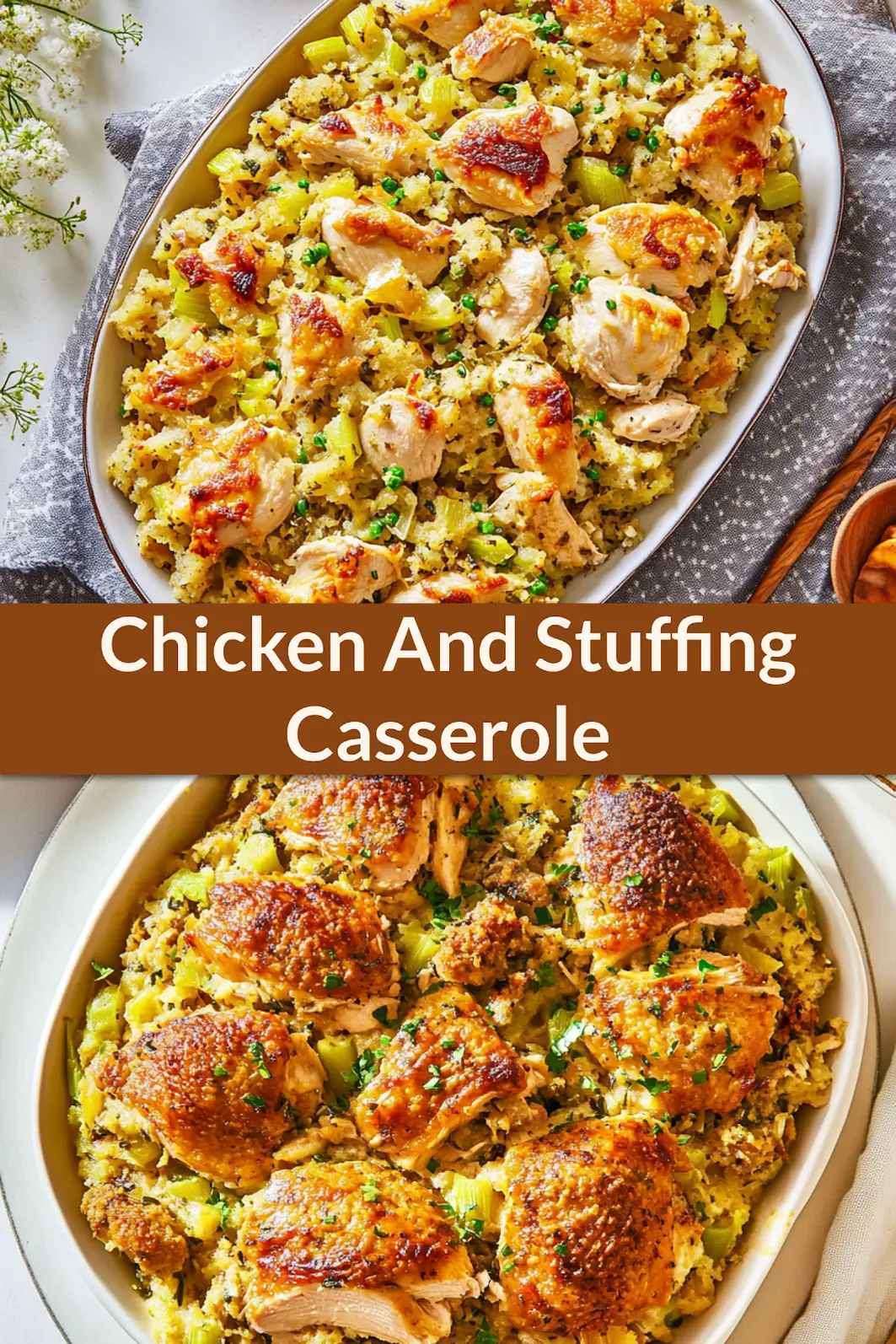 Chicken and stuffing casserole pin image with golden crispy top