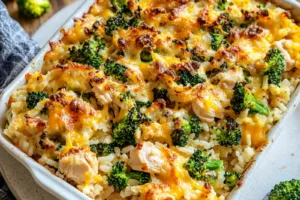 CHICKEN BROCCOLI RICE CASSEROLE centered hero view, clean and uncluttered
