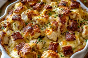 CHICKEN BUBBLE BISCUIT BAKE CASSEROLE centered hero view, clean and uncluttered