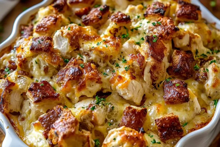 CHICKEN BUBBLE BISCUIT BAKE CASSEROLE centered hero view, clean and uncluttered