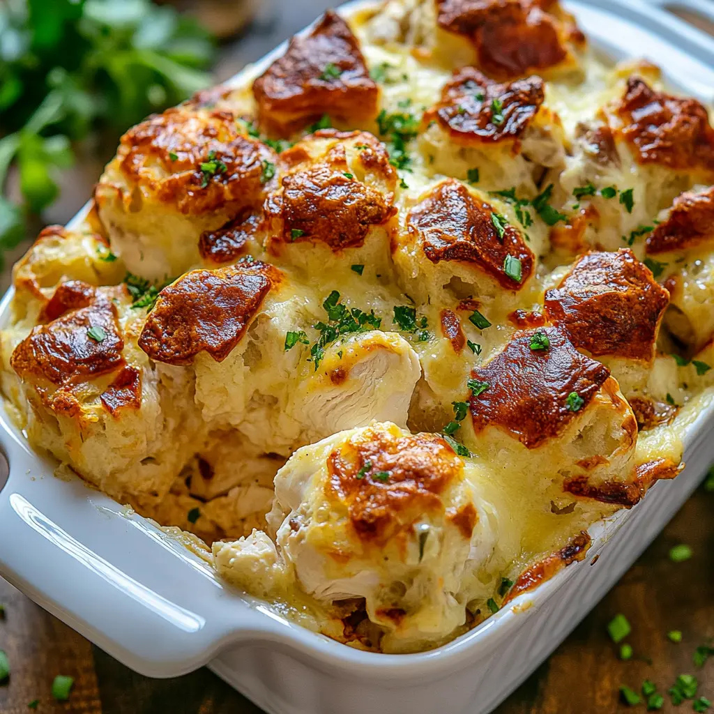 Chicken Bubble Biscuit Bake Casserole Easy Weeknight Dinner 3 CHICKEN BUBBLE BISCUIT BAKE CASSEROLE centered hero view, clean and uncluttered