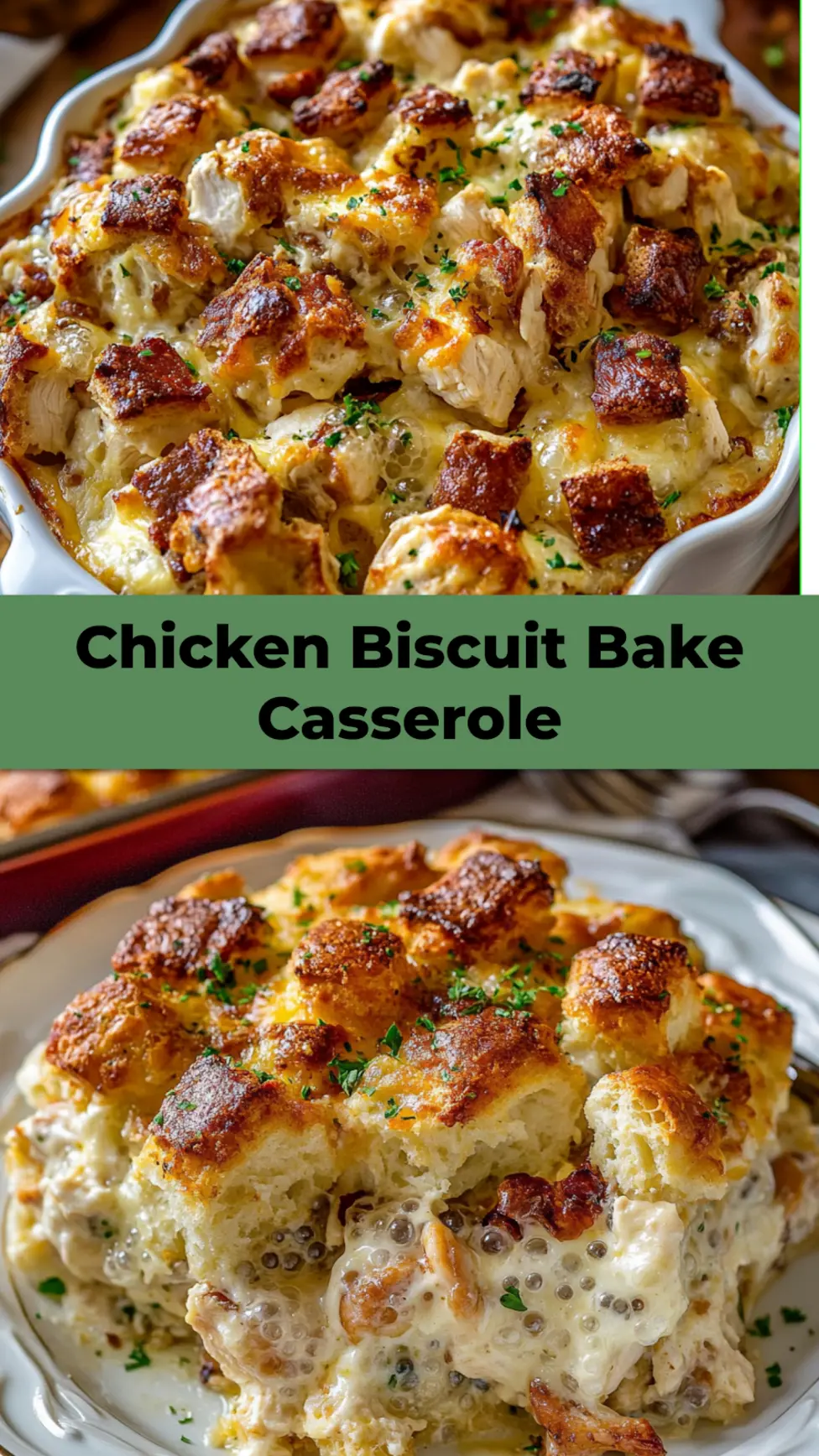 Chicken Bubble Biscuit Bake Casserole Easy Weeknight Dinner 4 CHICKEN BUBBLE BISCUIT BAKE CASSEROLE centered hero view, clean and uncluttered_pin