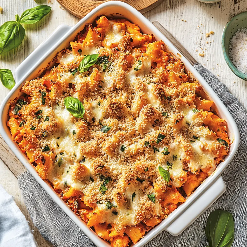 CHICKEN PARMESAN CASSEROLE recipe, served and ready to eat, easy homemade dinner