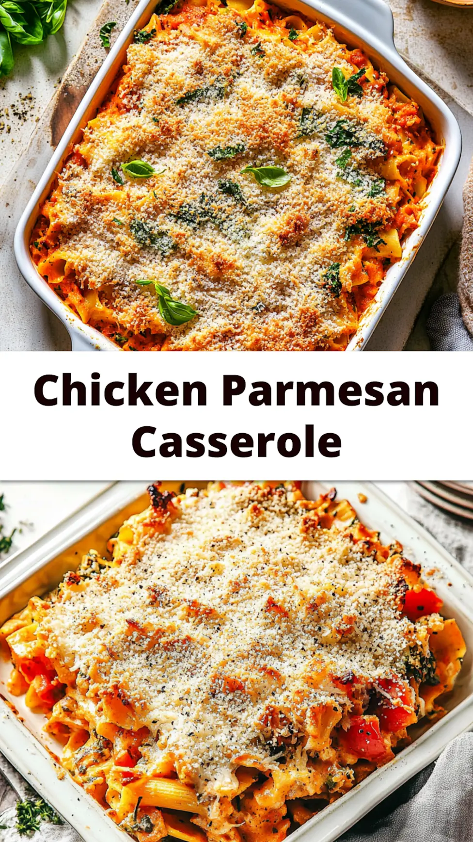 CHICKEN PARMESAN CASSEROLE recipe, served and ready to eat, easy homemade dinner