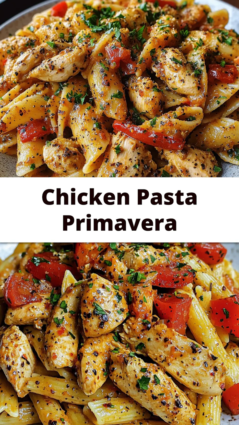 Chicken Pasta Primavera centered hero view, clean and uncluttered