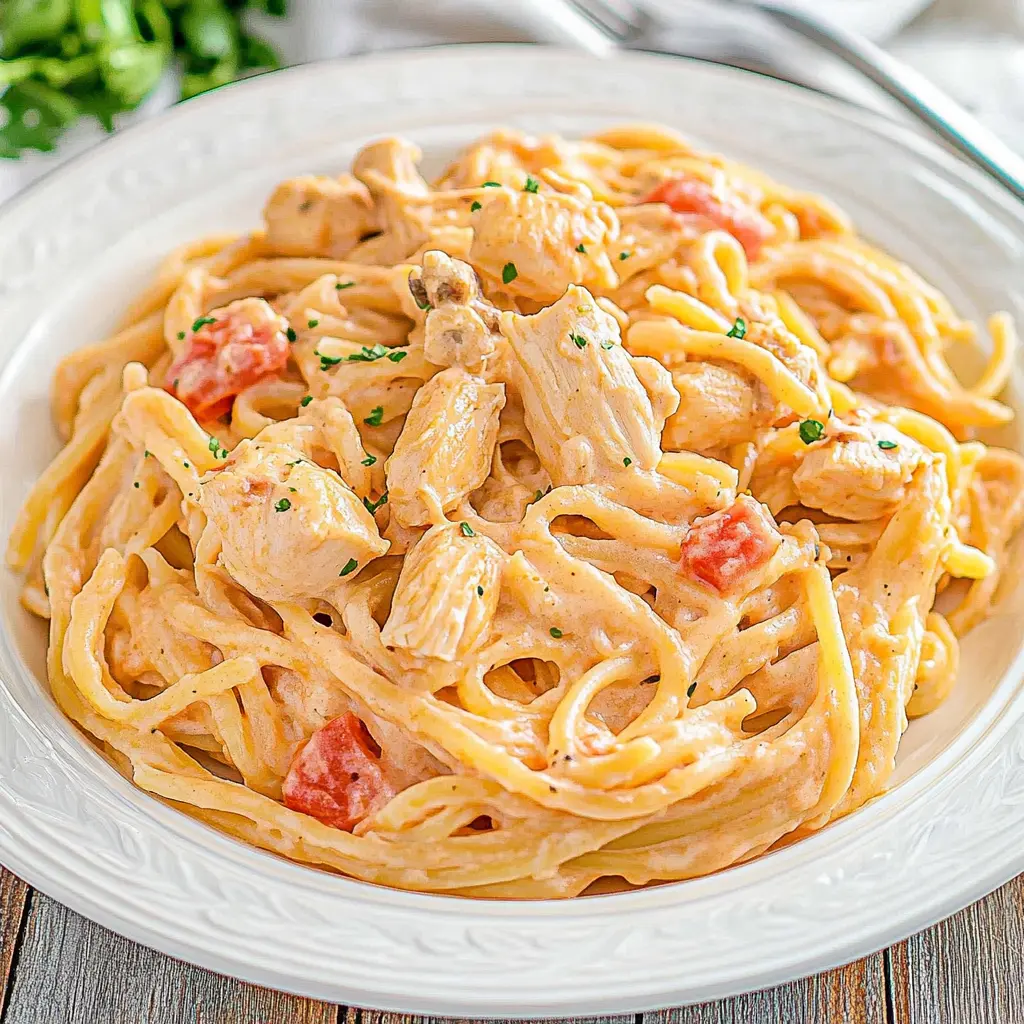 Chicken Spaghetti Recipe Easy Comforting Family Dinner 3 CHICKEN SPAGHETTI centered hero view, clean and uncluttered