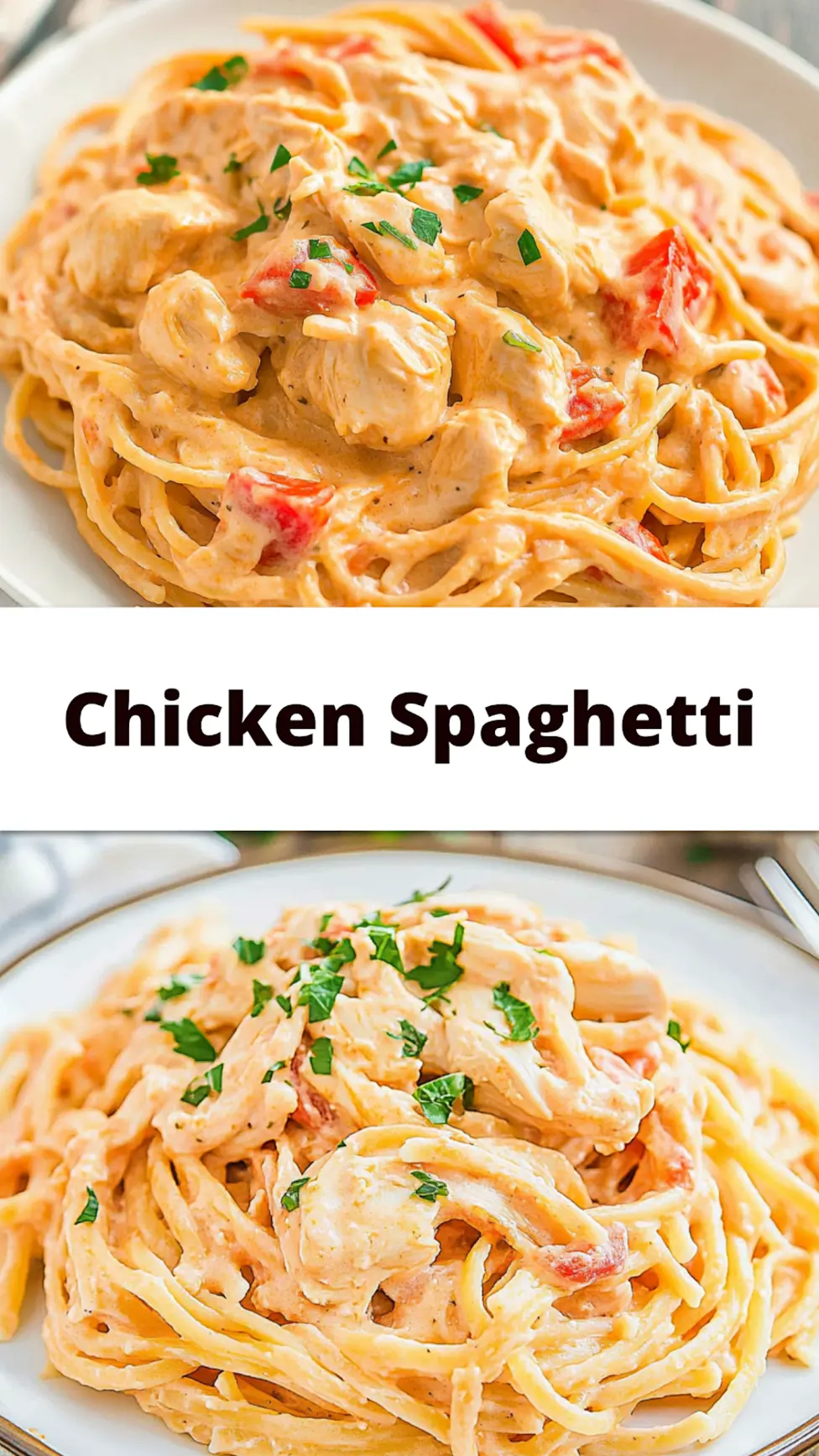Chicken Spaghetti Recipe Easy Comforting Family Dinner 4 CHICKEN SPAGHETTI centered hero view, clean and uncluttered