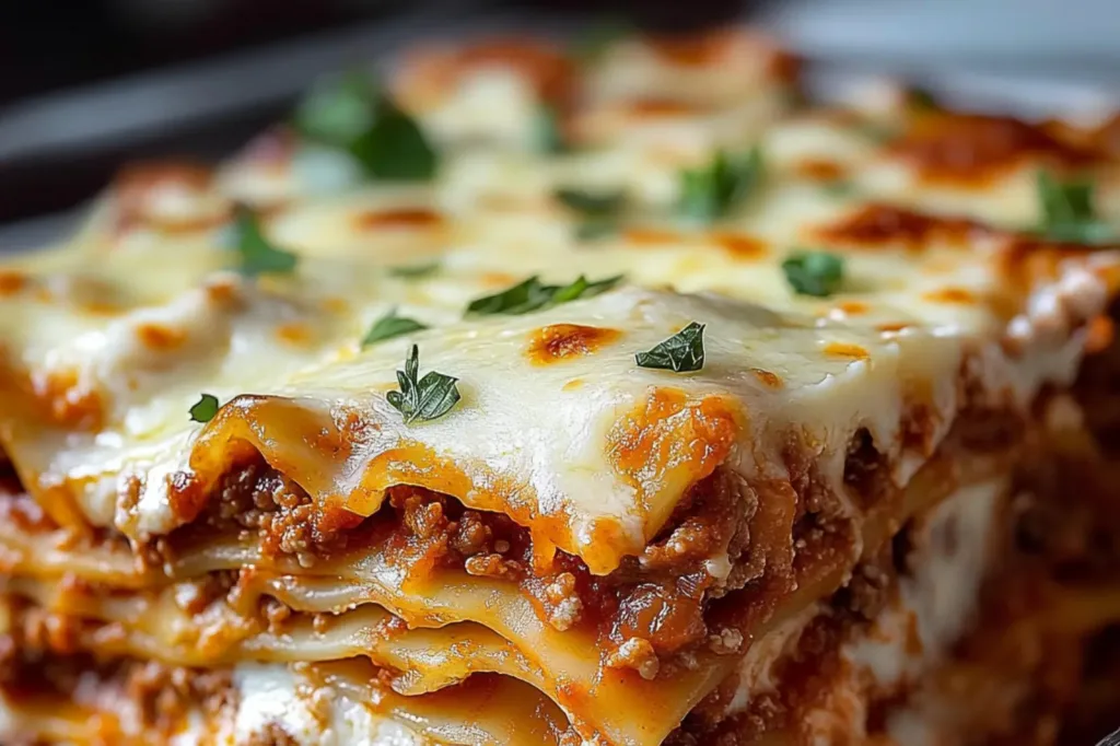 CLASSIC LASAGNA RECIPE WITH RICOTTA CHEESE centered hero view, clean and uncluttered