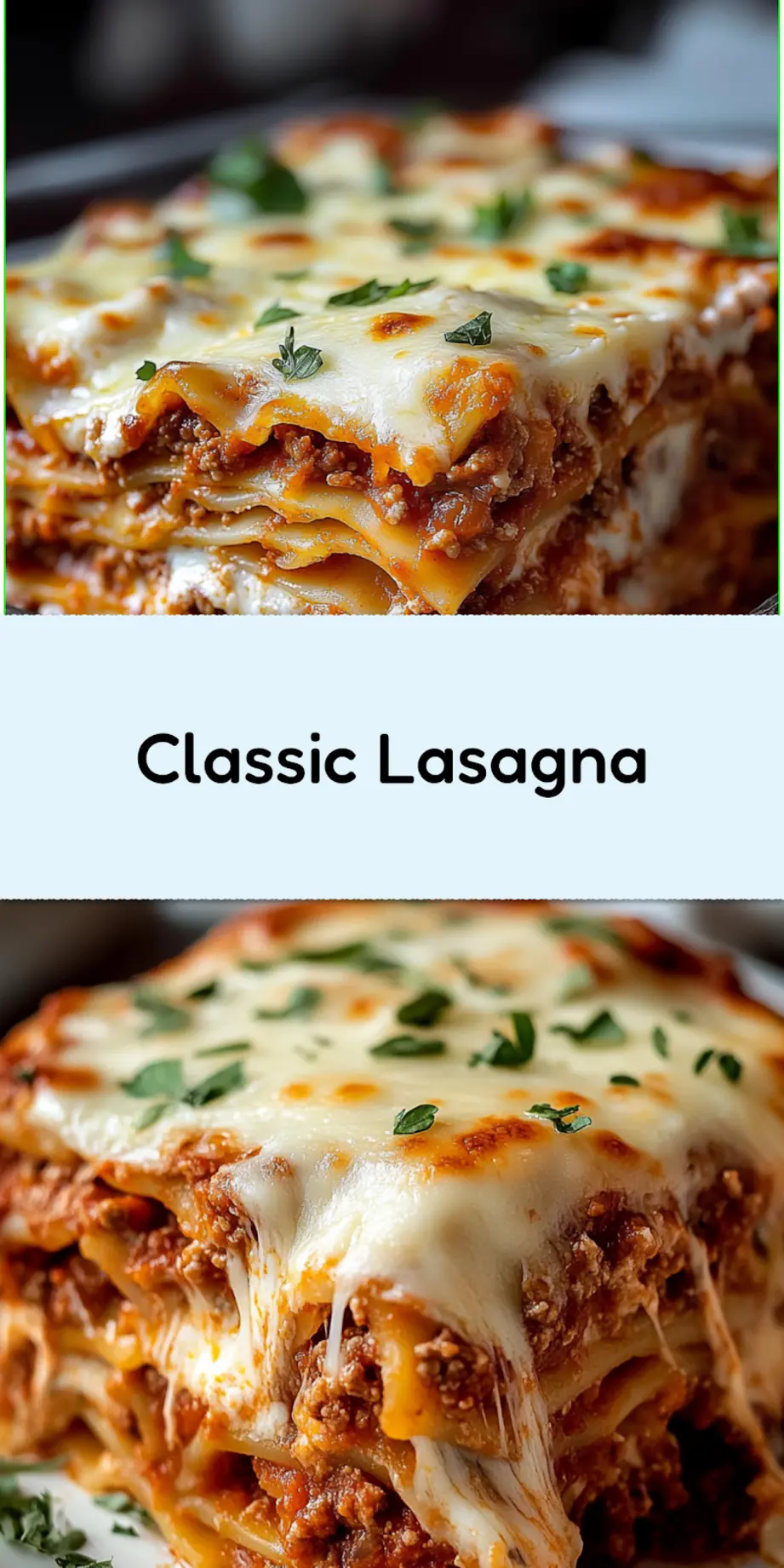 Classic lasagna recipe with ricotta cheese centered hero view, clean and uncluttered