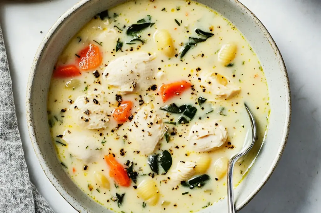 COPYCAT OLIVE GARDEN CHICKEN AND GNOCCHI SOUP centered hero view, clean and uncluttered