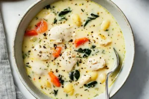 Copycat Olive Garden Chicken and Gnocchi Soup Easy Recipe COPYCAT OLIVE GARDEN CHICKEN AND GNOCCHI SOUP centered hero view, clean and uncluttered