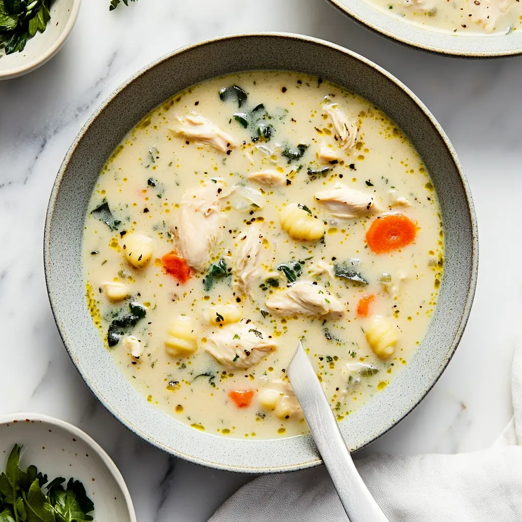 Copycat Olive Garden Chicken and Gnocchi Soup Easy Recipe 3 Copycat Olive Garden Chicken and Gnocchi Soup in a bowl, creamy and inviting