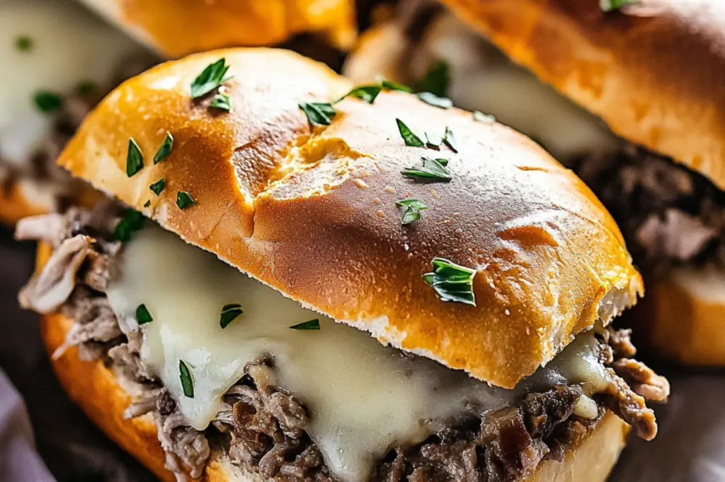 CRAFTING CROCKPOT FRENCH DIP SANDWICHES centered hero view, clean and uncluttered