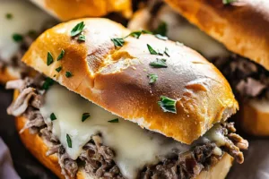 CRAFTING CROCKPOT FRENCH DIP SANDWICHES centered hero view, clean and uncluttered