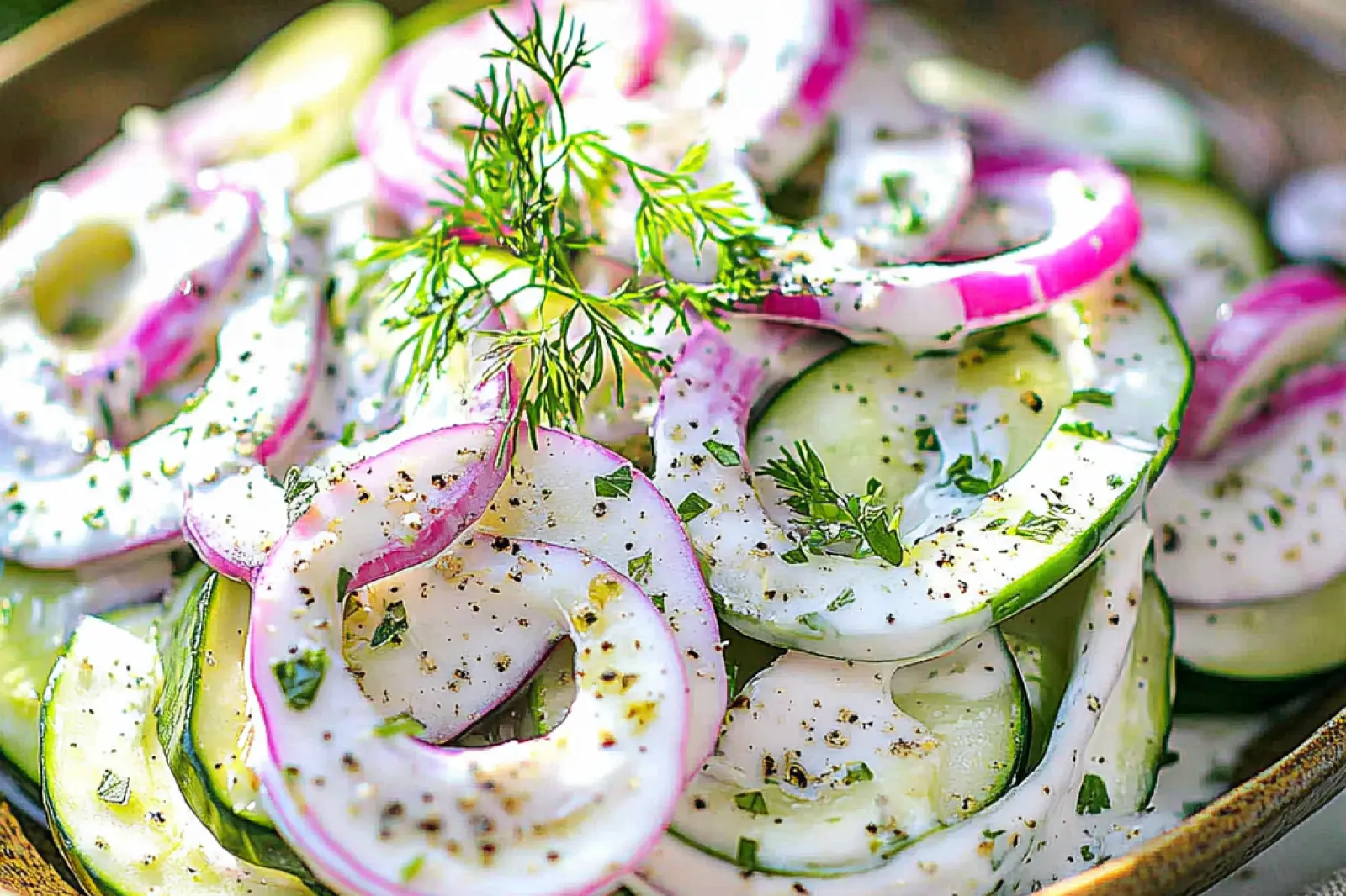 CREAMY CUCUMBER SALAD centered hero view, clean and uncluttered