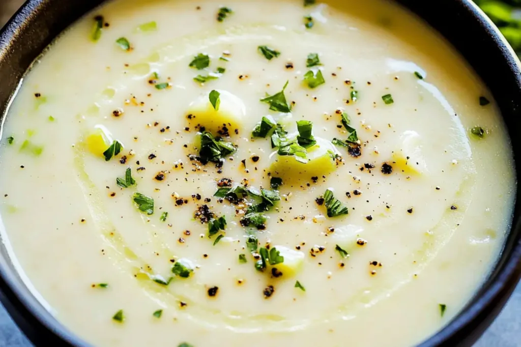 CREAMY LEEK AND POTATO SOUP centered hero view, clean and uncluttered