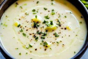 CREAMY LEEK AND POTATO SOUP centered hero view, clean and uncluttered