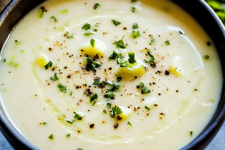 CREAMY LEEK AND POTATO SOUP centered hero view, clean and uncluttered