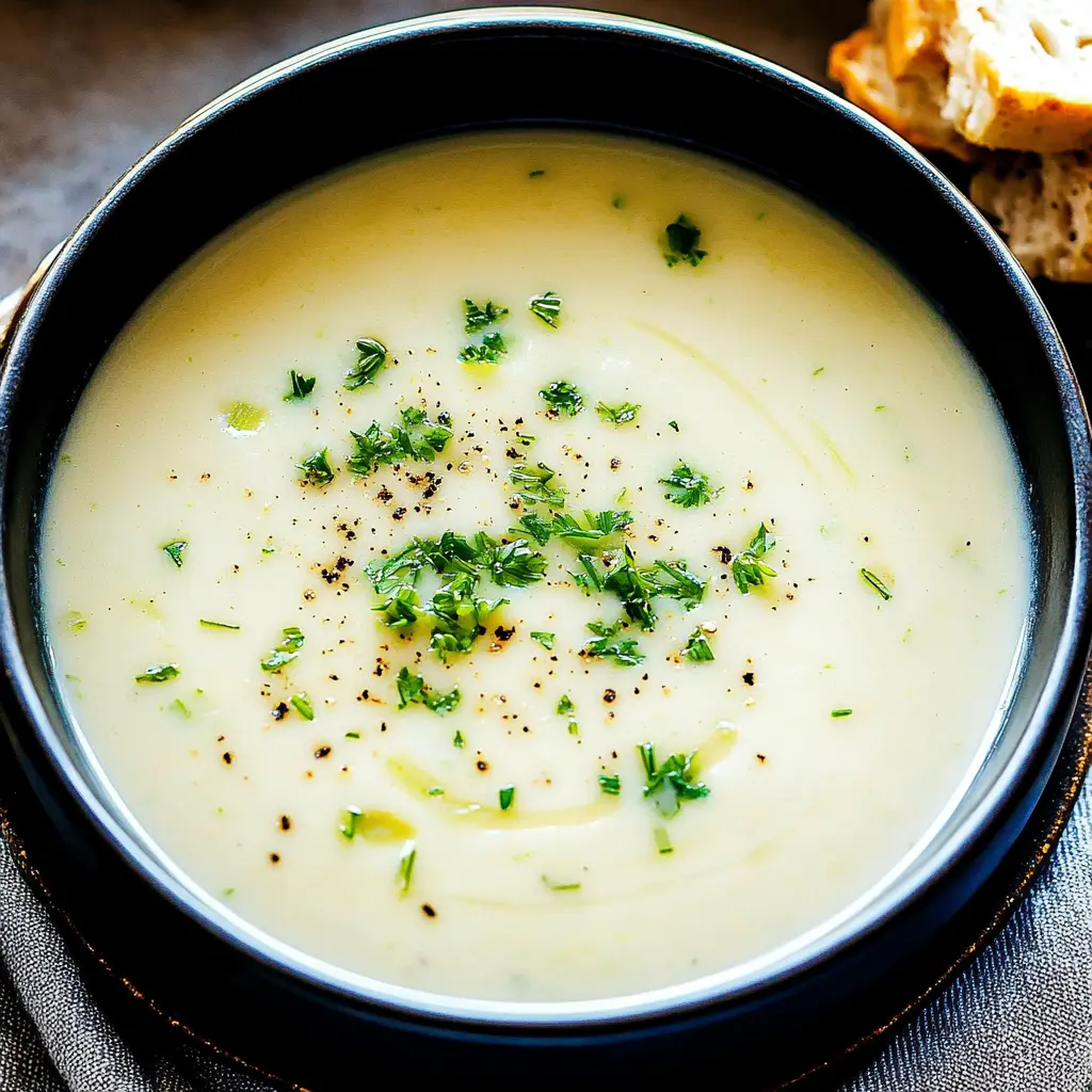 Creamy leek and potato soup in a bowl, centered hero view, clean and uncluttered