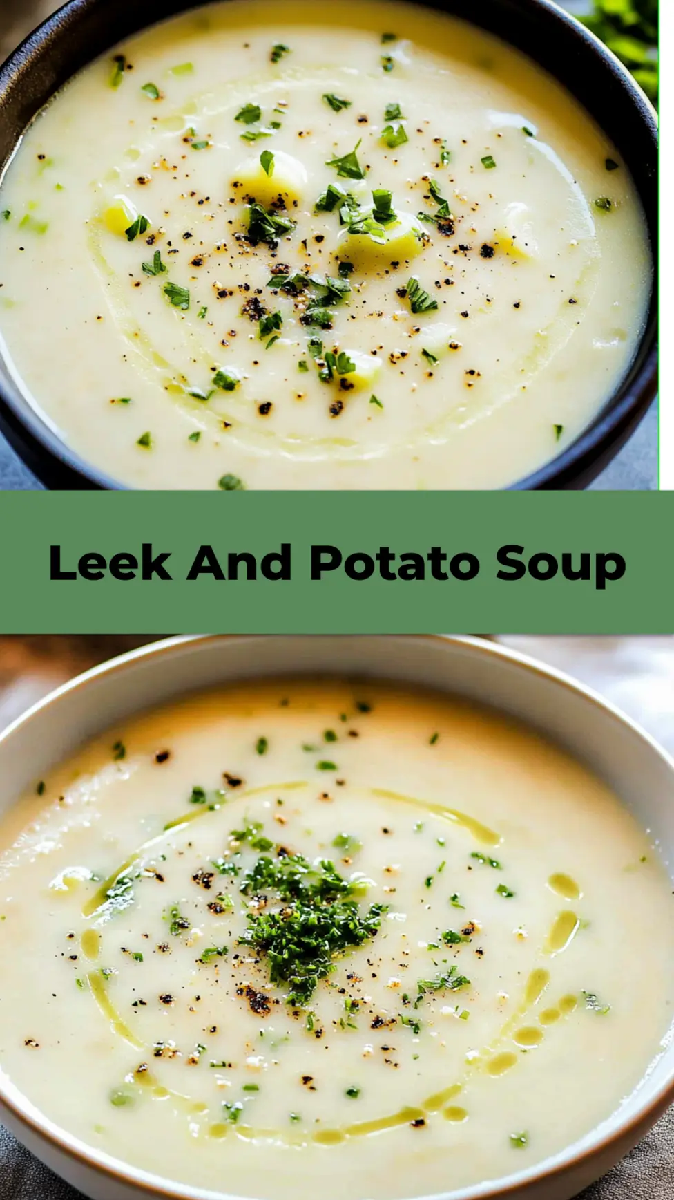 Creamy leek and potato soup centered hero view, clean and uncluttered