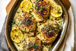 Creamy Lemon Garlic Chicken Thighs Easy Weeknight Dinner CREAMY LEMON GARLIC CHICKEN THIGHS centered hero view, clean and uncluttered