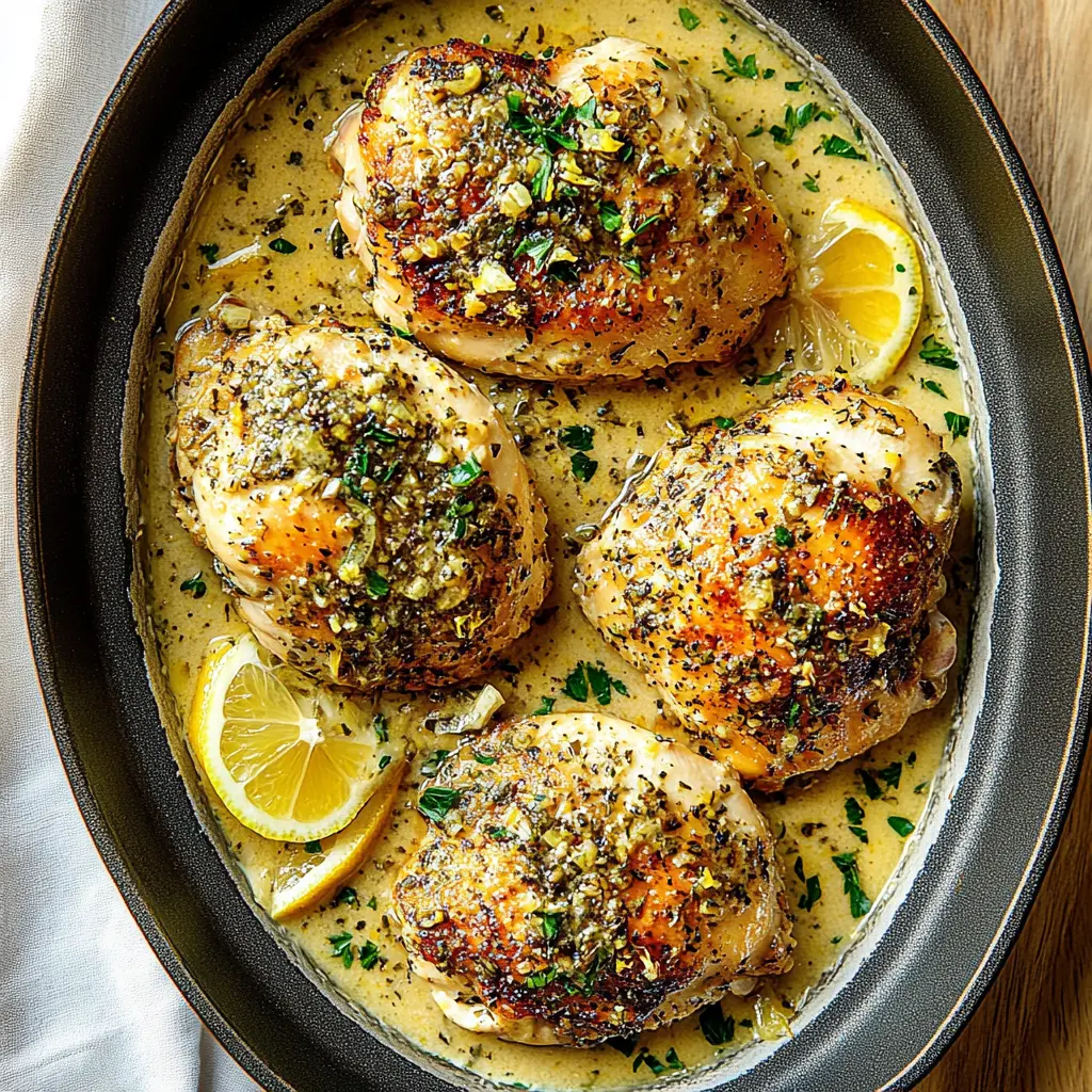 Creamy Lemon Garlic Chicken Thighs Easy Weeknight Dinner 3 Creamy lemon garlic chicken thighs with golden crispy skin in a silky sauce