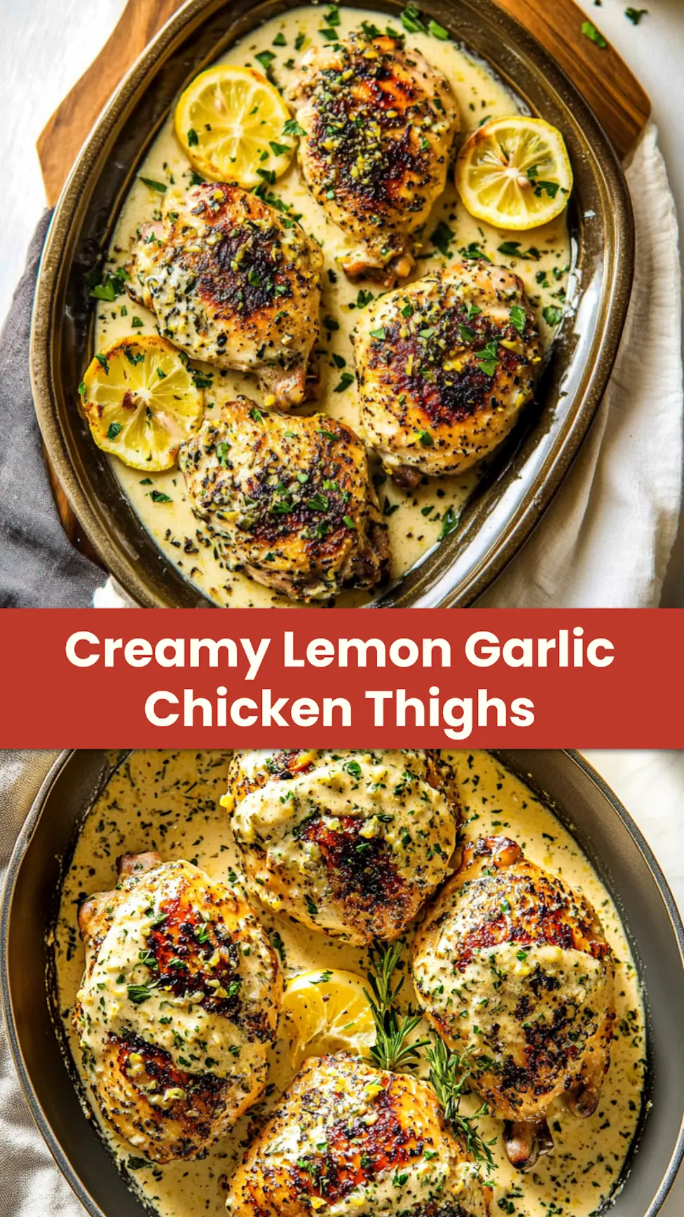Creamy Lemon Garlic Chicken Thighs Easy Weeknight Dinner 4 Creamy lemon garlic chicken thighs with golden skin and herbs, perfect for pinning