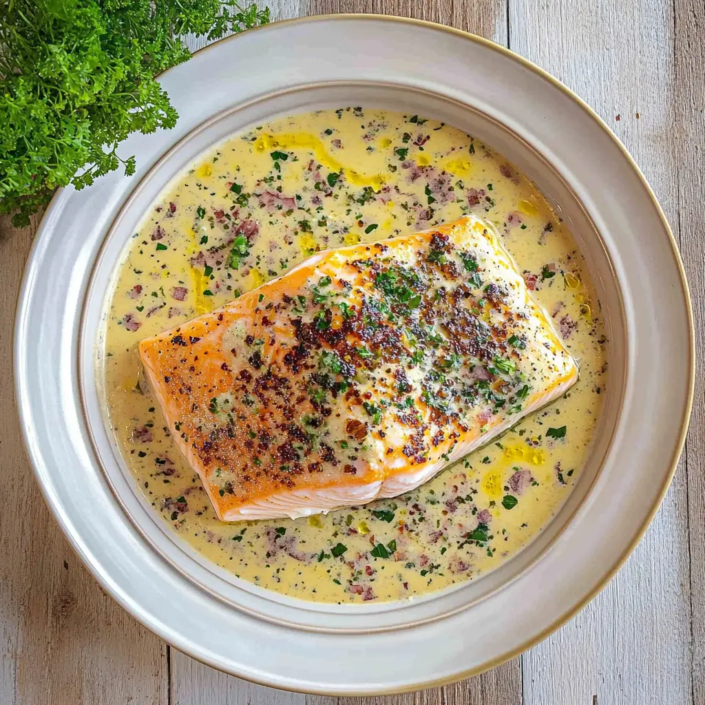 Creamy Marry Me Salmon with golden seared fillets in sun-dried tomato sauce
