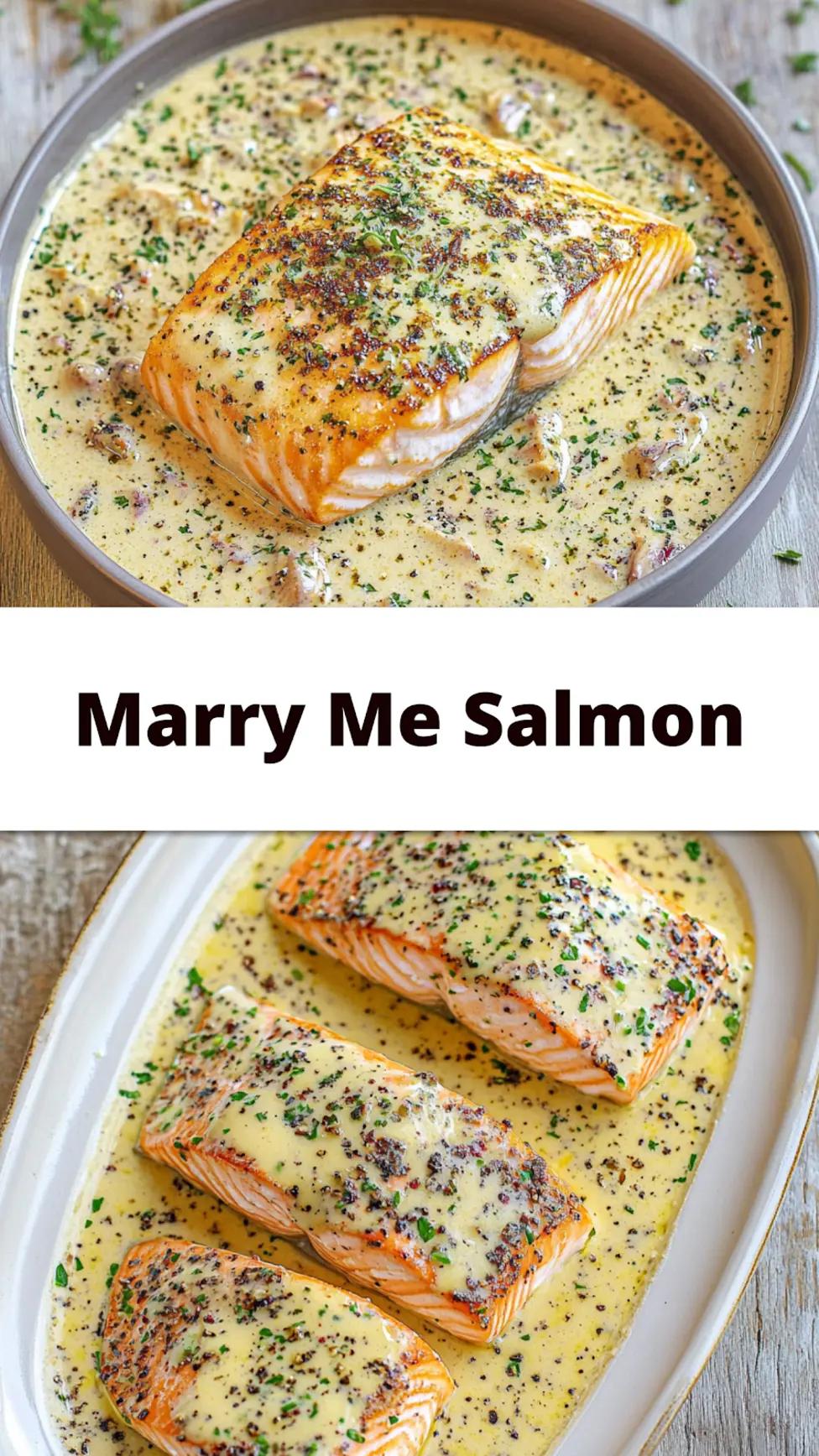 Creamy Marry Me Salmon recipe with golden seared salmon in garlicky sun-dried tomato sauce