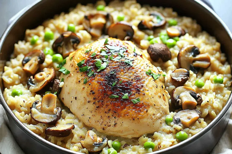 CREAMY ONE POT CHICKEN RICE AND MUSHROOMS centered hero view, clean and uncluttered