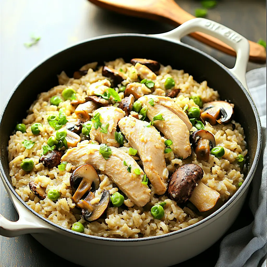 Creamy one pot chicken rice and mushrooms in skillet, golden chicken with caramelized mushrooms