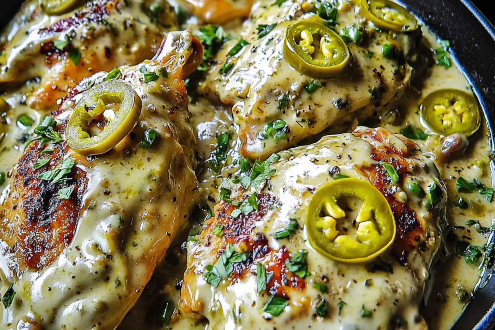 CREAMY PEPPERONCINI CHICKEN SKILLET centered hero view, clean and uncluttered