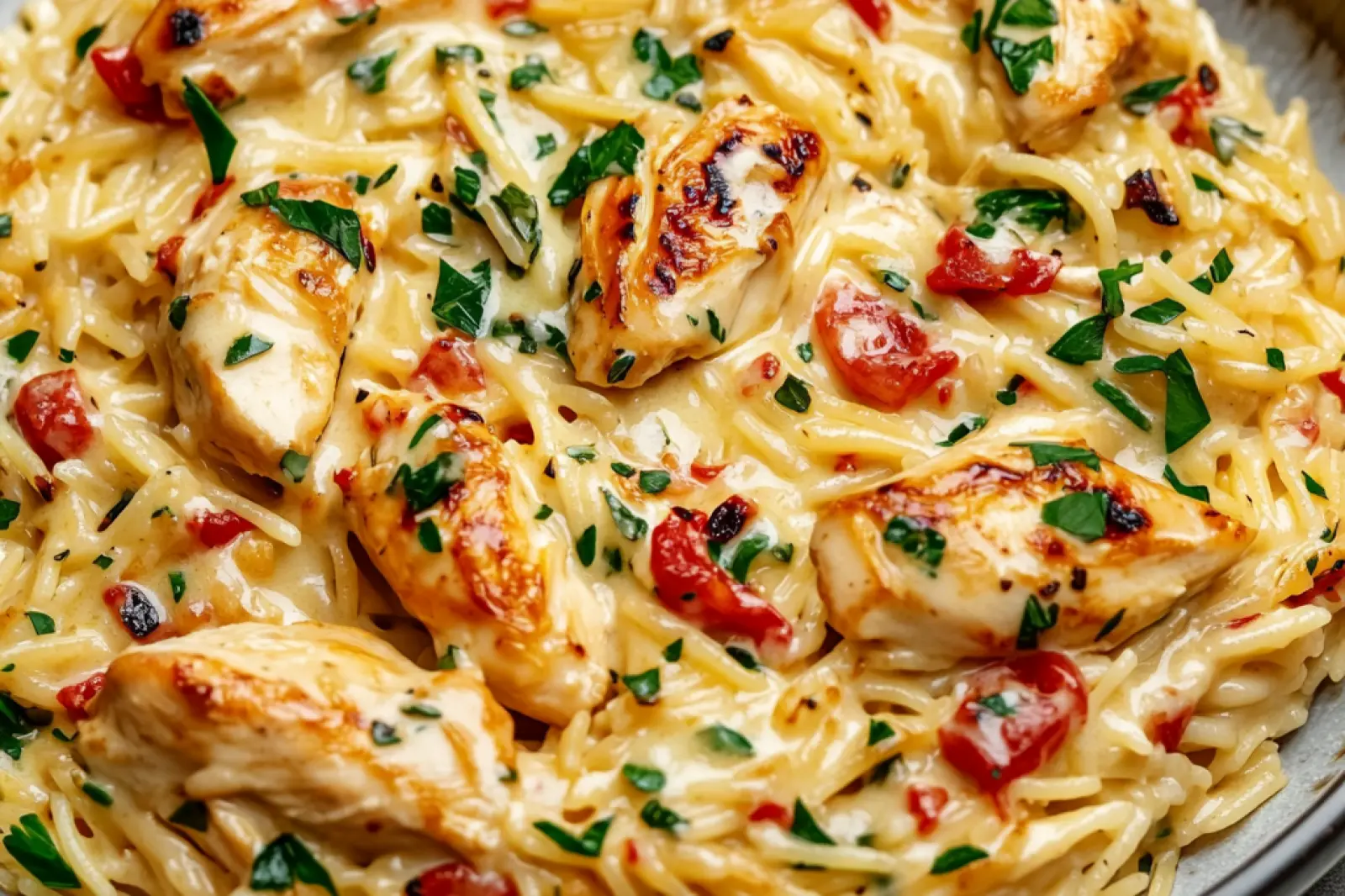 CREAMY TUSCAN CHICKEN ORZO centered hero view, clean and uncluttered