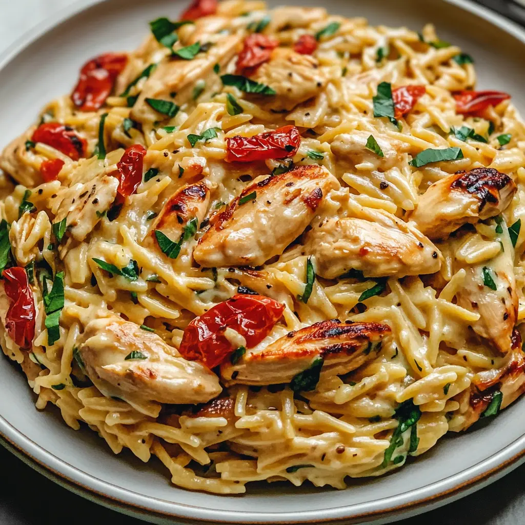 Creamy Tuscan Chicken Orzo in a skillet with tender chicken, orzo pasta, spinach, and sun-dried tomatoes