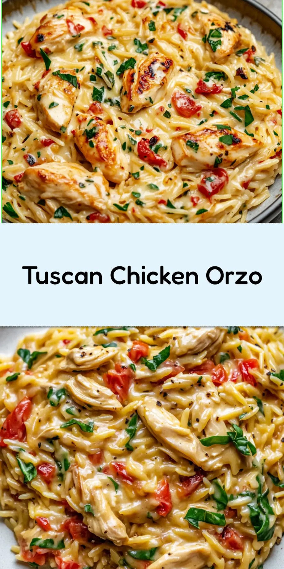 Creamy Tuscan Chicken Orzo pin image with chicken, orzo, spinach, and sun-dried tomatoes