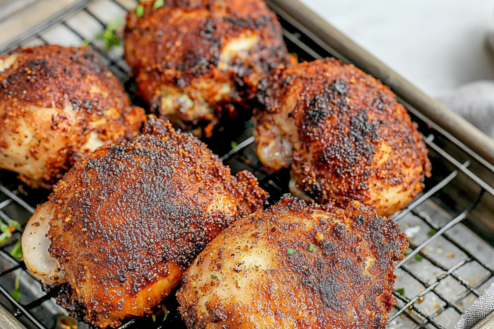 CRISPY AIR FRYER CHICKEN THIGHS centered hero view, clean and uncluttered
