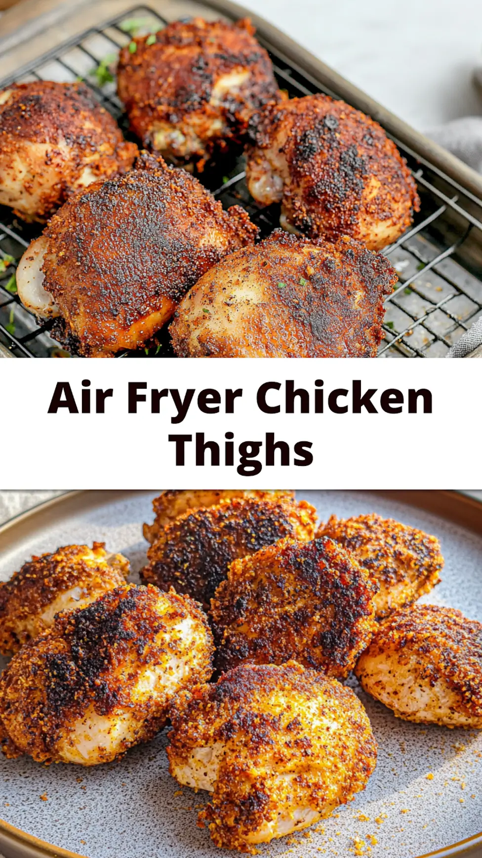 Crispy air fryer chicken thighs pin image with golden skin on clean background