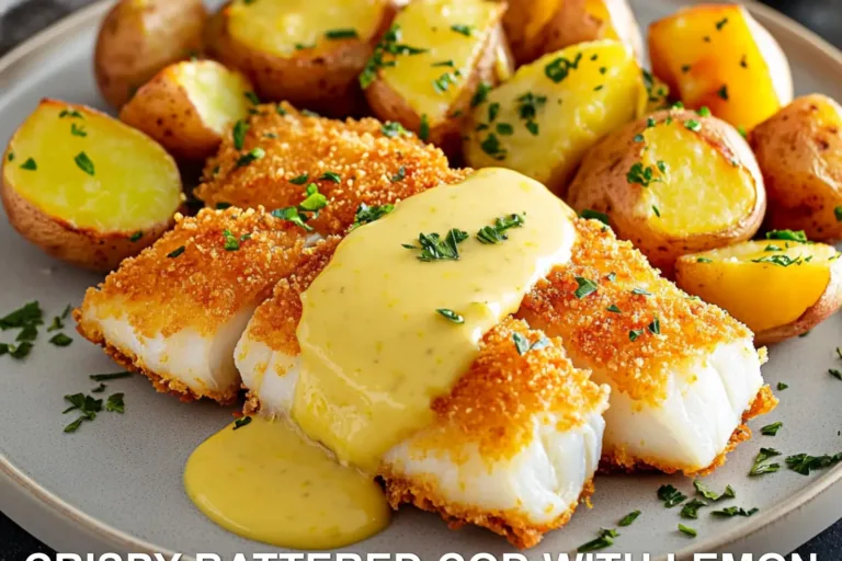 CRISPY BATTERED COD WITH LEMON BUTTER SAUCE AND ROASTED POTATOES centered hero view, clean and uncluttered