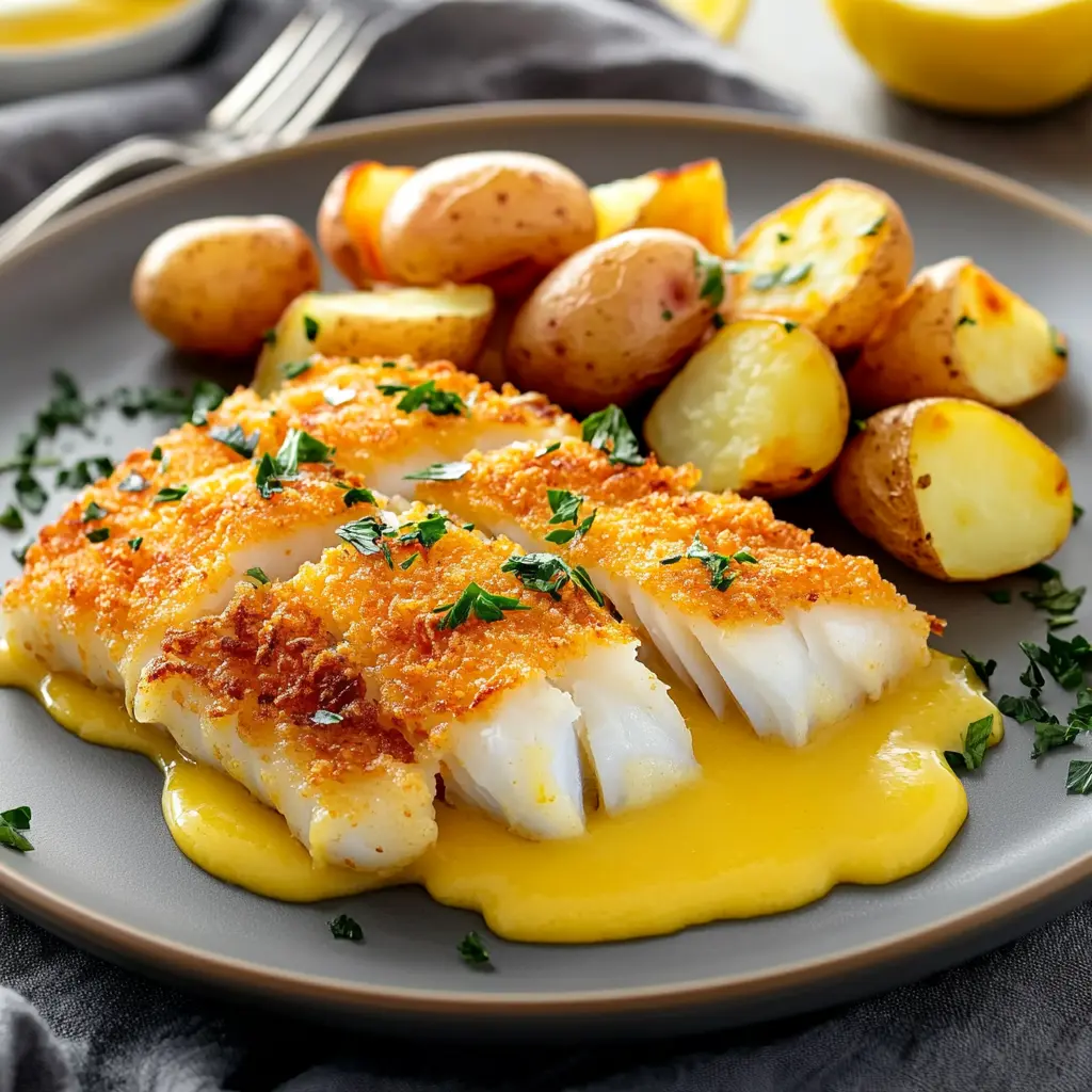 Crispy Battered Cod with Lemon Butter Sauce Easy Weeknight Dinner 3 CRISPY BATTERED COD WITH LEMON BUTTER SAUCE AND ROASTED POTATOES centered hero view, clean and uncluttered