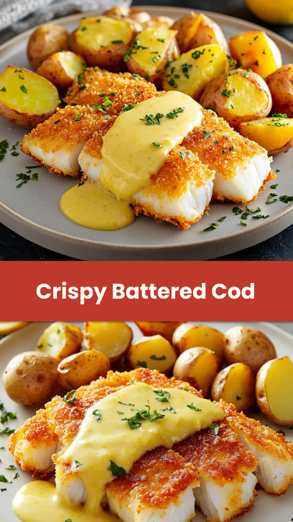 Crispy Battered Cod with Lemon Butter Sauce Easy Weeknight Dinner 4 CRISPY BATTERED COD WITH LEMON BUTTER SAUCE AND ROASTED POTATOES centered hero view, clean and uncluttered