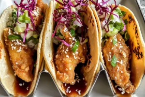 CRISPY CHICKEN WONTON TACOS centered hero view, clean and uncluttered