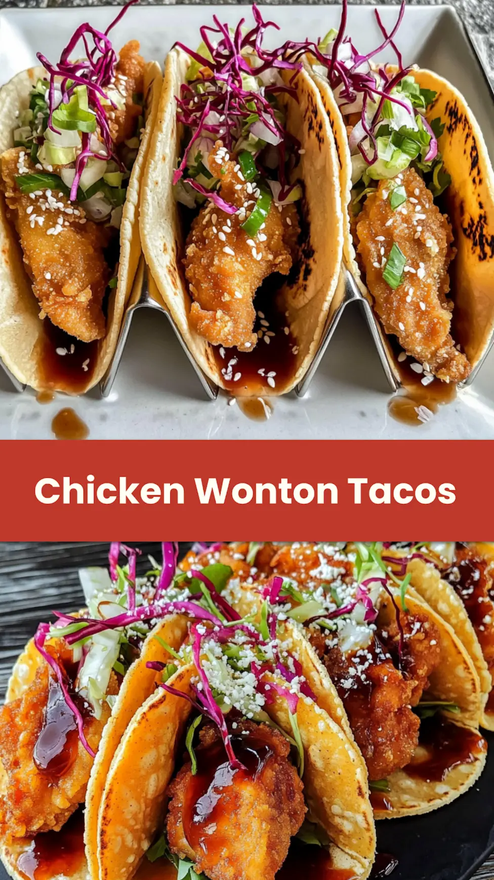 Crispy chicken wonton tacos with golden shells and teriyaki drizzle