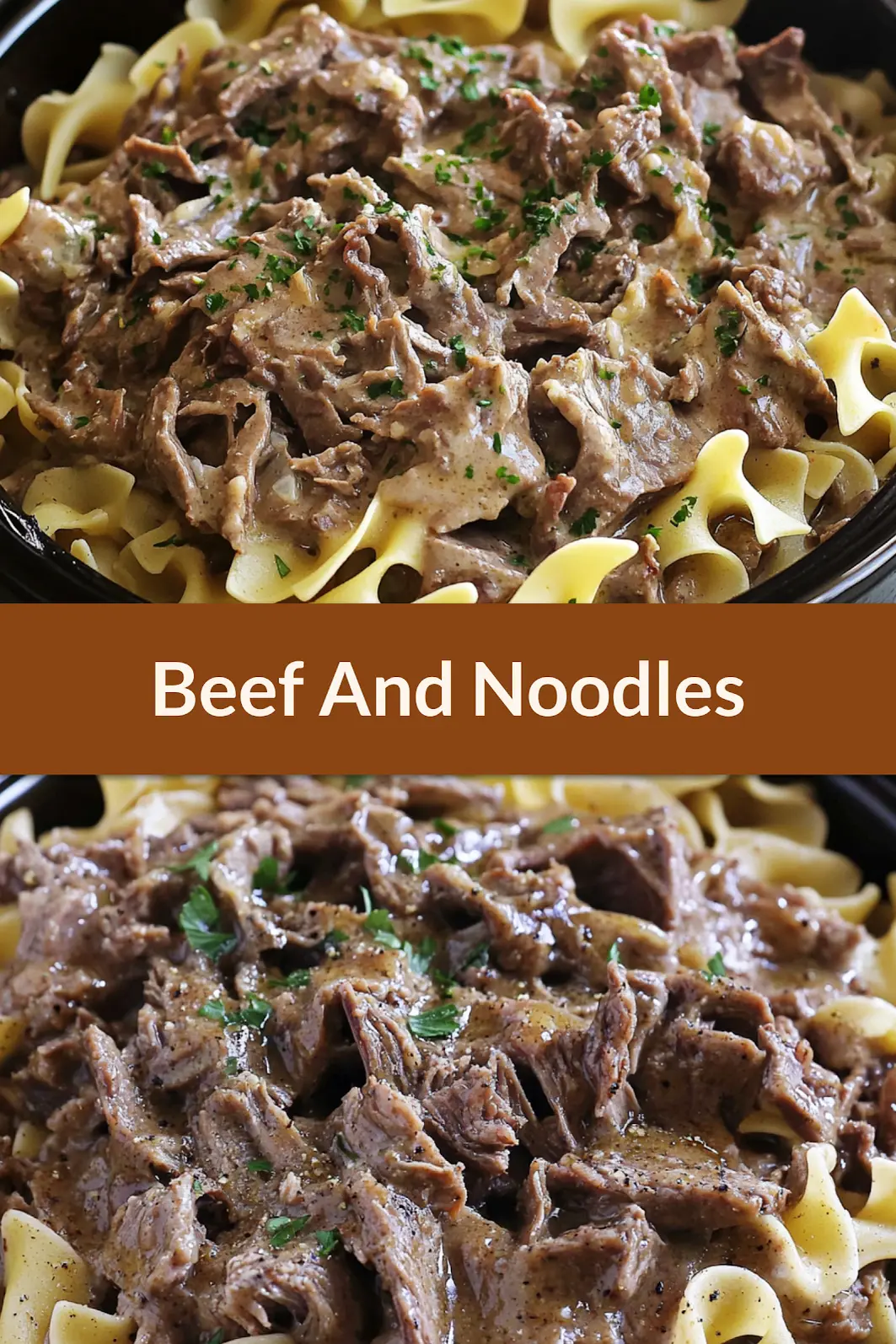 CROCK POT BEEF AND NOODLES centered hero view, clean and uncluttered