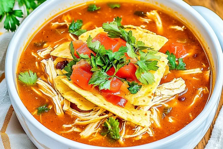 CROCK POT CHICKEN TORTILLA SOUP centered hero view, clean and uncluttered