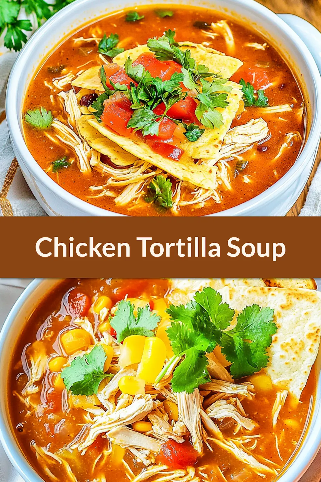 CROCK POT CHICKEN TORTILLA SOUP centered hero view, clean and uncluttered