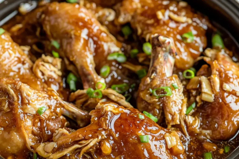 CROCK POT HONEY GARLIC CHICKEN centered hero view, clean and uncluttered