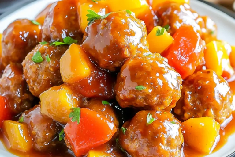 CROCK POT SWEET AND SOUR MEATBALLS centered hero view, clean and uncluttered